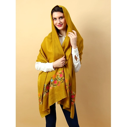 Yellow Shawl, Pure Pashmina Shawl hand embroidered with floral pearl pattern-2