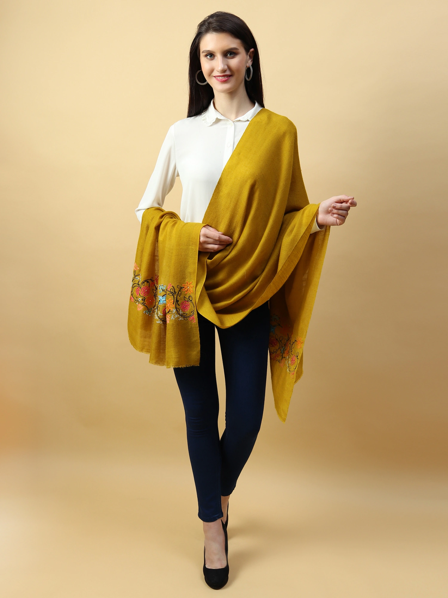 Yellow Shawl, Pure Pashmina Shawl hand embroidered with floral pearl pattern-3