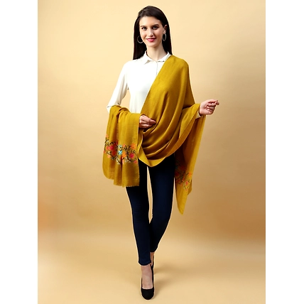 Yellow Shawl, Pure Pashmina Shawl hand embroidered with floral pearl pattern-3
