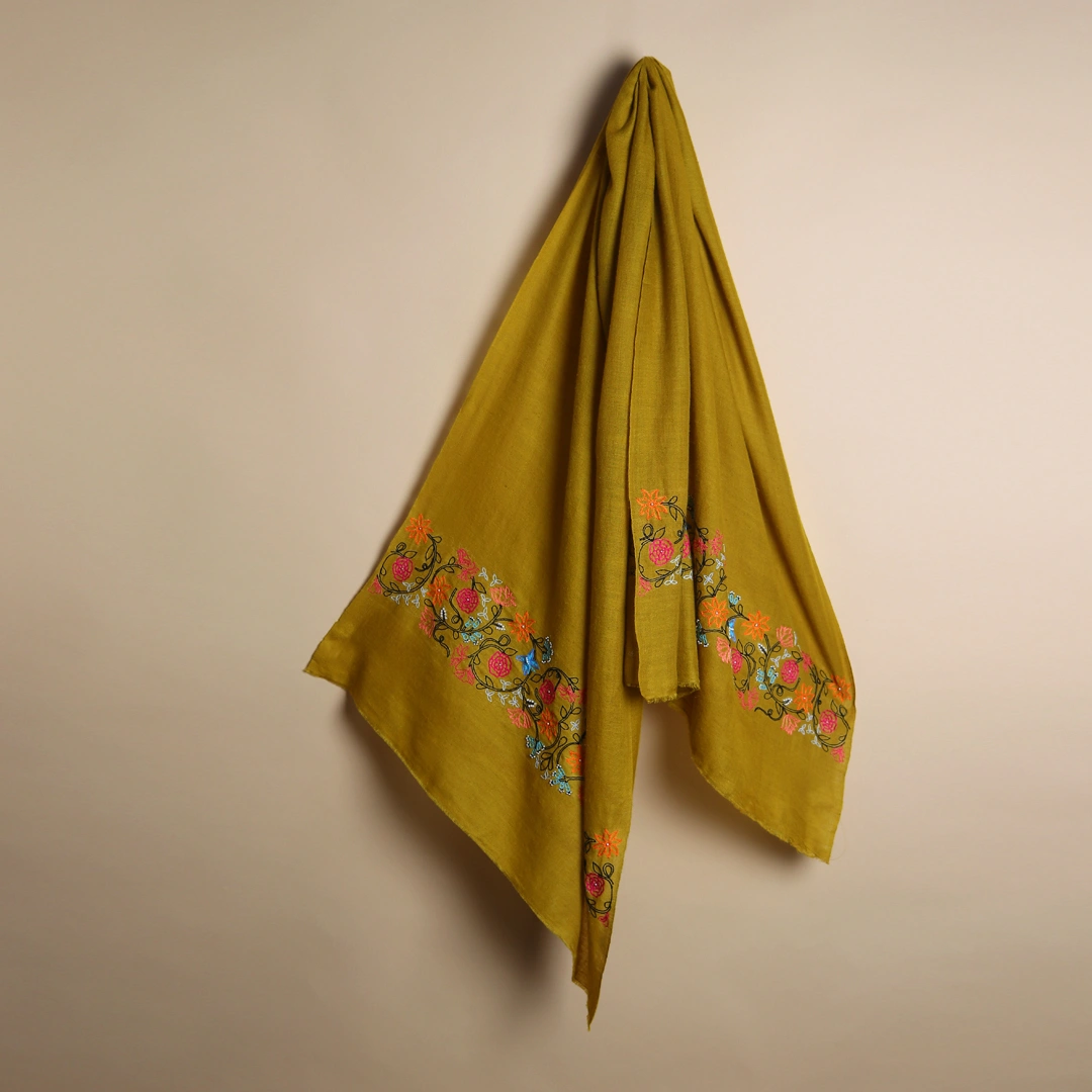 Yellow Shawl, Pure Pashmina Shawl hand embroidered with floral pearl pattern-5