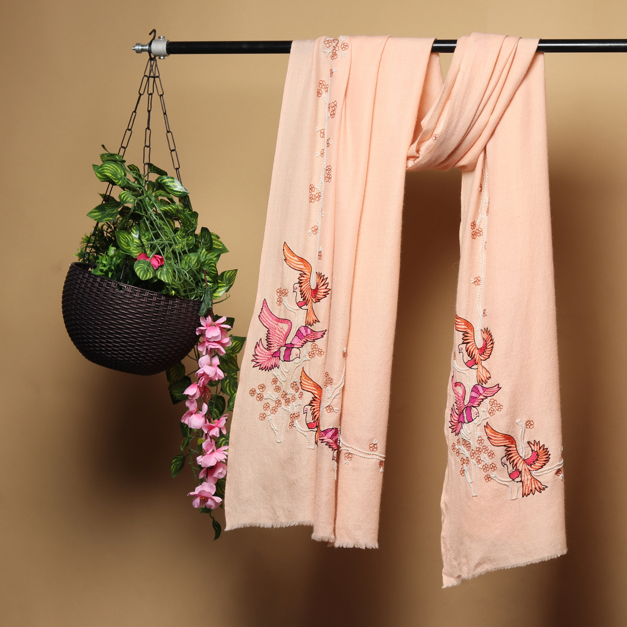 Light Peach Pink Pure Pashmina Shawls Online,  hand embroidery, bird design-MOD-PEACH-PP-SWAN