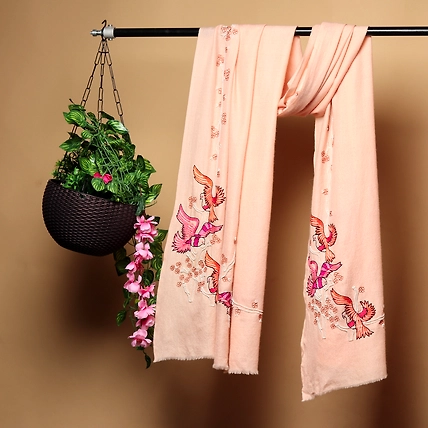 Light Peach Pink Pure Pashmina Shawls Online,  hand embroidery, bird design-MOD-PEACH-PP-SWAN