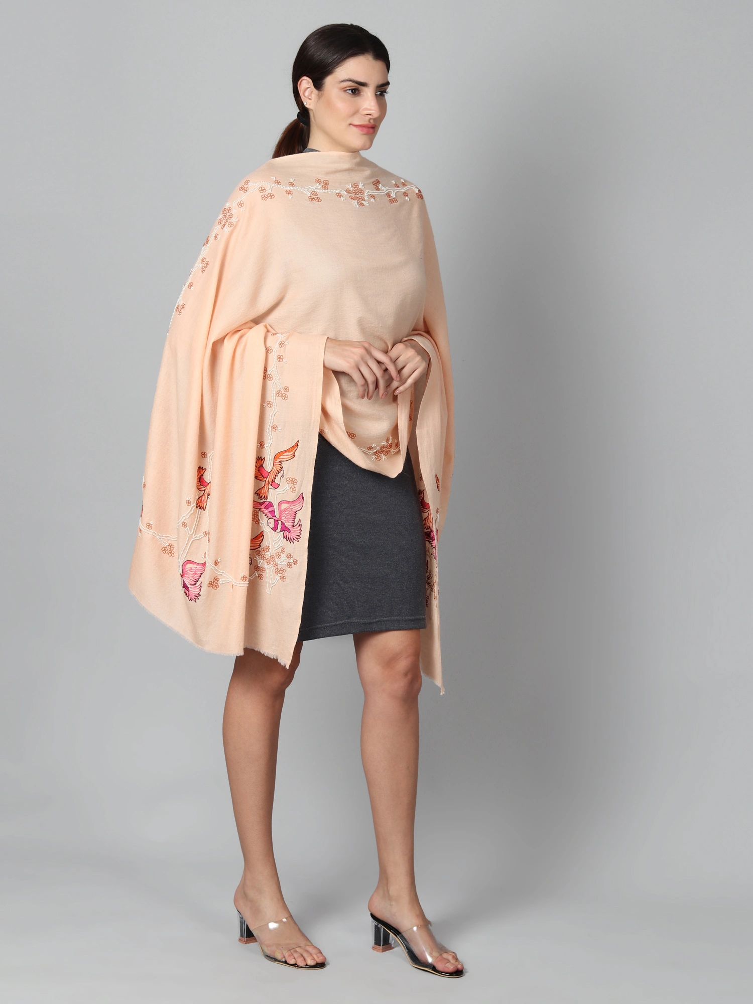 Light Peach Pink Pure Pashmina Shawls Online,  hand embroidery, bird design-2