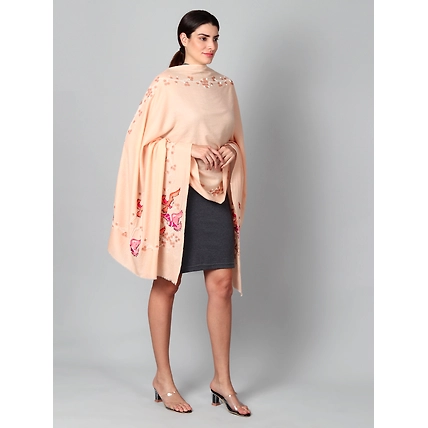 Light Peach Pink Pure Pashmina Shawls Online,  hand embroidery, bird design-2