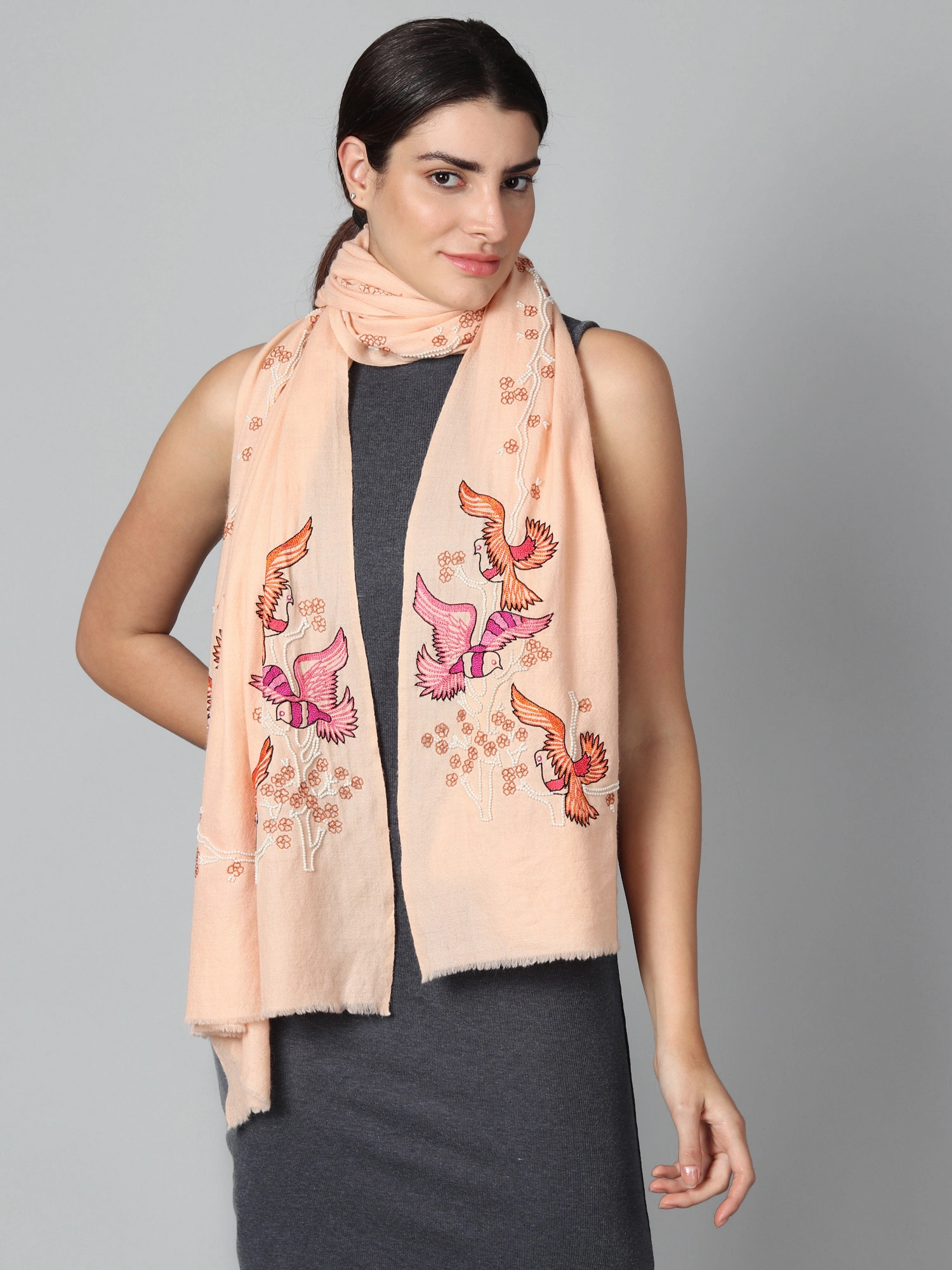 Light Peach Pink Pure Pashmina Shawls Online,  hand embroidery, bird design-3