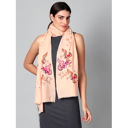 Light Peach Pink Pure Pashmina Shawls Online,  hand embroidery, bird design-3