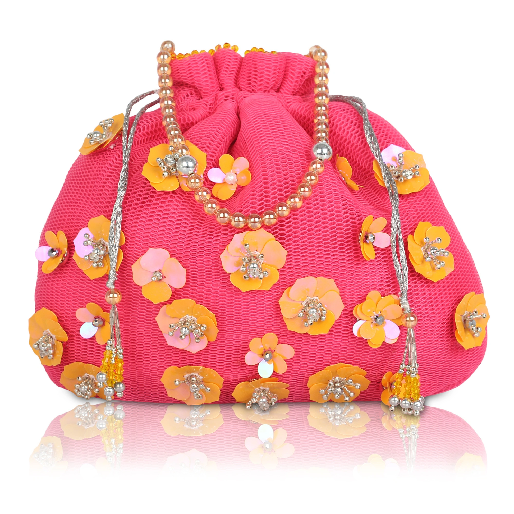 Pink Potli Bag, Embellished with Flowers-MOD-PI-NET-FL-POTLI