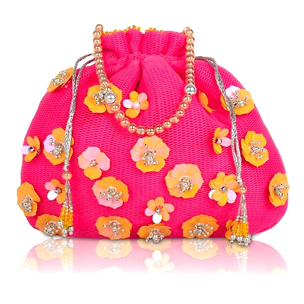 Pink Potli Bag, Embellished with Flowers-MOD-PI-NET-FL-POTLI