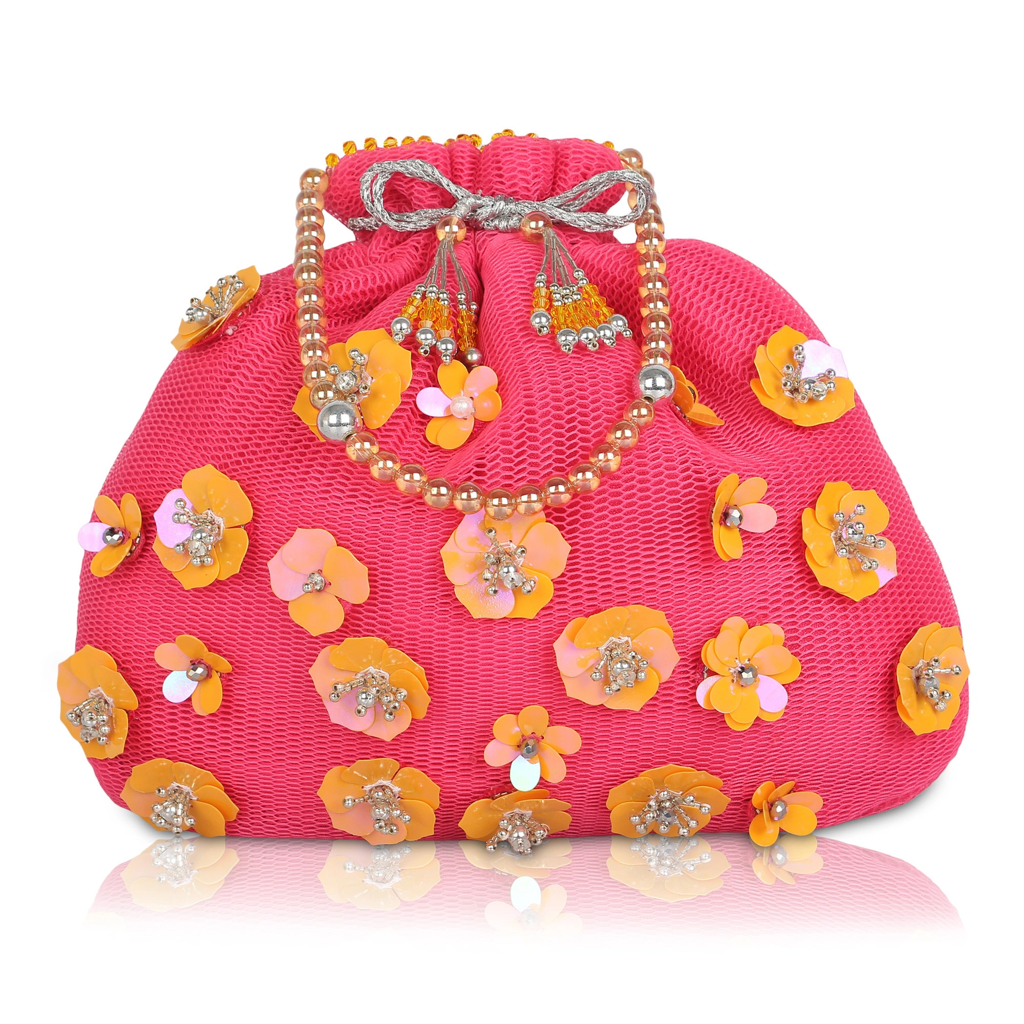 Pink Potli Bag, Embellished with Flowers-1