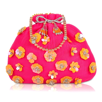 Pink Potli Bag, Embellished with Flowers-1