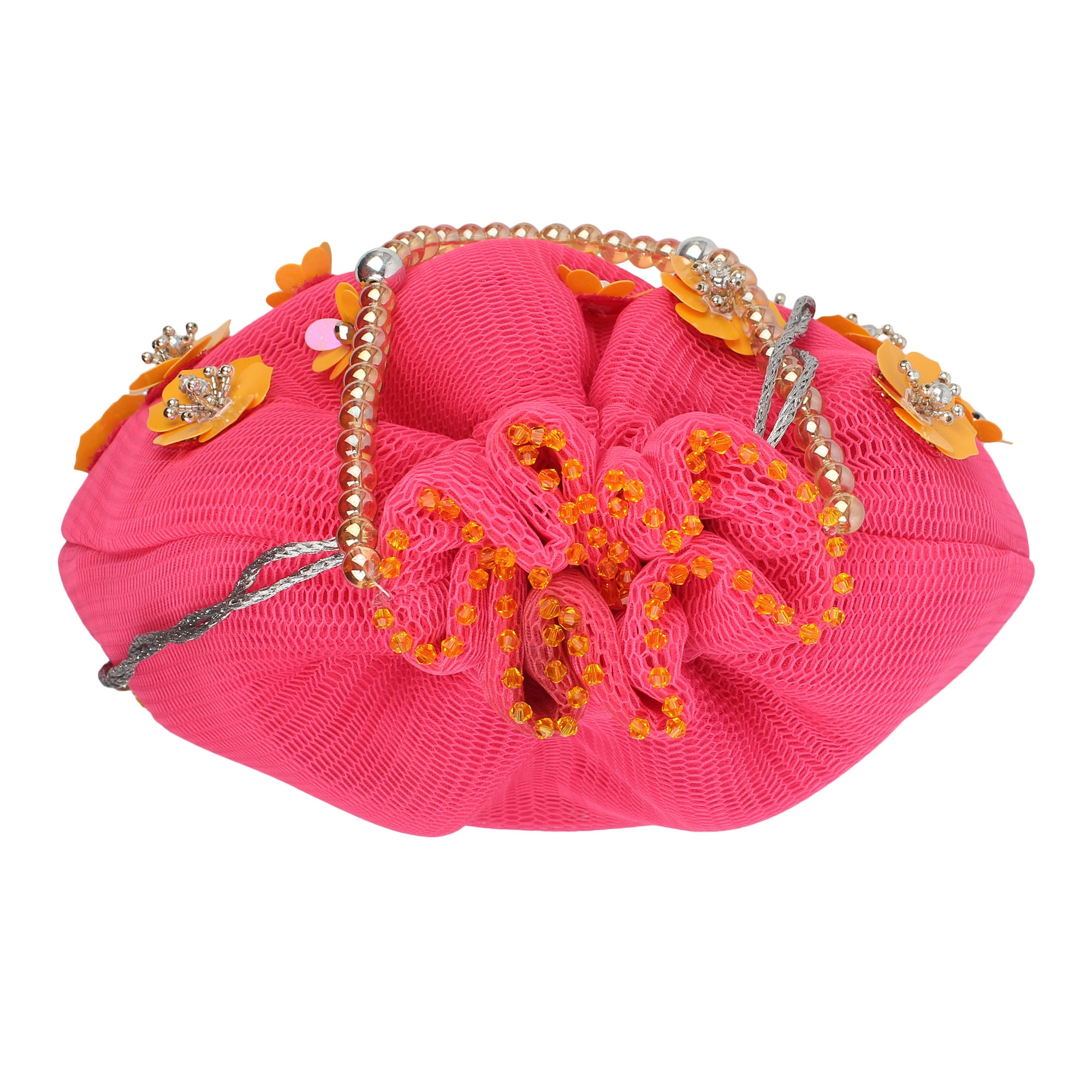 Pink Potli Bag, Embellished with Flowers-2