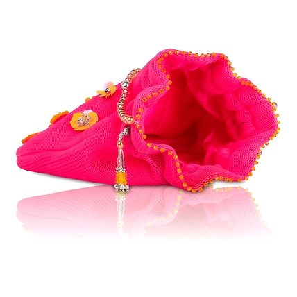 Pink Potli Bag, Embellished with Flowers-4