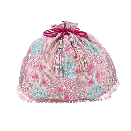 Pearl &amp; Champaign Pink Potli Bag,  Floral hand embroidery-1
