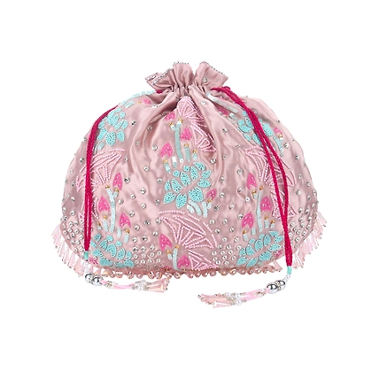Pearl &amp; Champaign Pink Potli Bag,  Floral hand embroidery-2