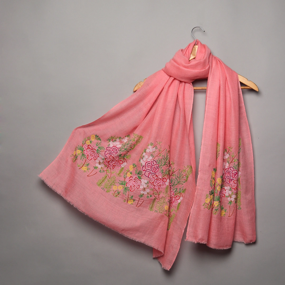 Hand Embroidered Pink Shawl with lotus garden on either ends-MOD-PINK-PP-LOTUS