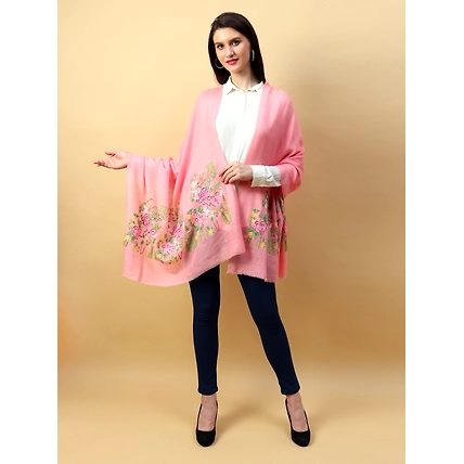 Hand Embroidered Pink Shawl with lotus garden on either ends-1