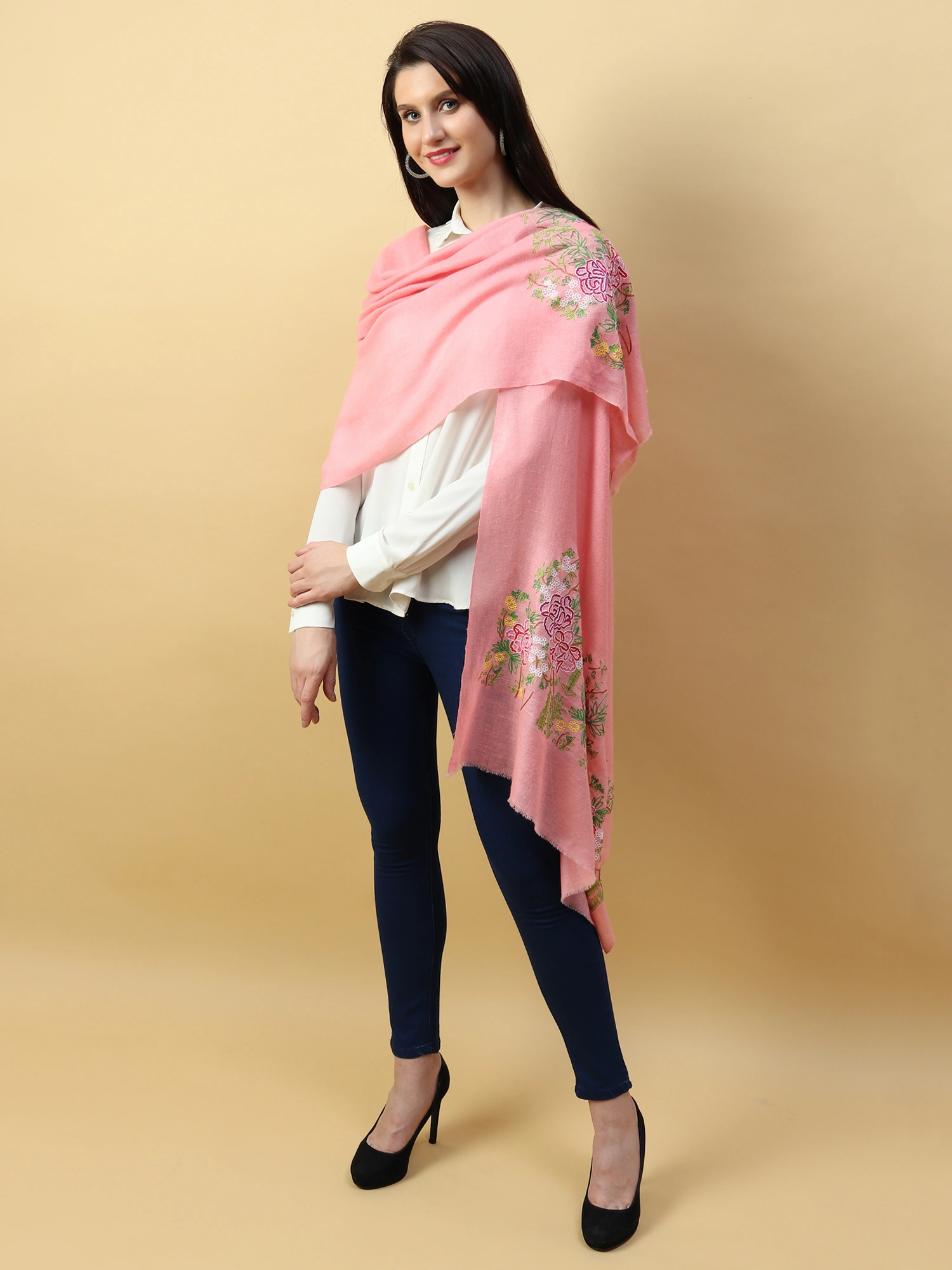 Hand Embroidered Pink Shawl with lotus garden on either ends-2