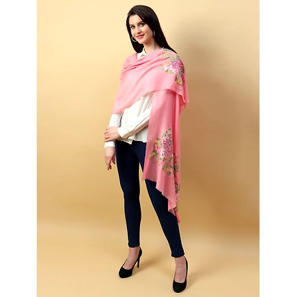 Hand Embroidered Pink Shawl with lotus garden on either ends-2