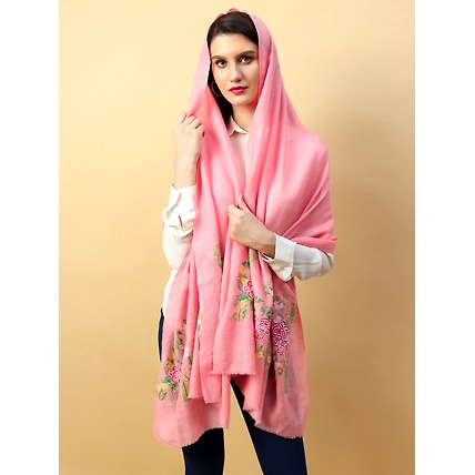 Hand Embroidered Pink Shawl with lotus garden on either ends-3