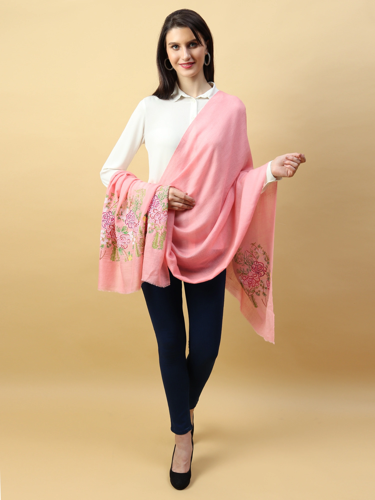 Hand Embroidered Pink Shawl with lotus garden on either ends-4