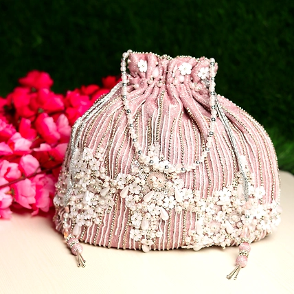 Bridal Potli Bag , Pink Potli Bag with pearls and swarovski crystals-MOD-PINK-SHIM-WHITEFLOWER-POT