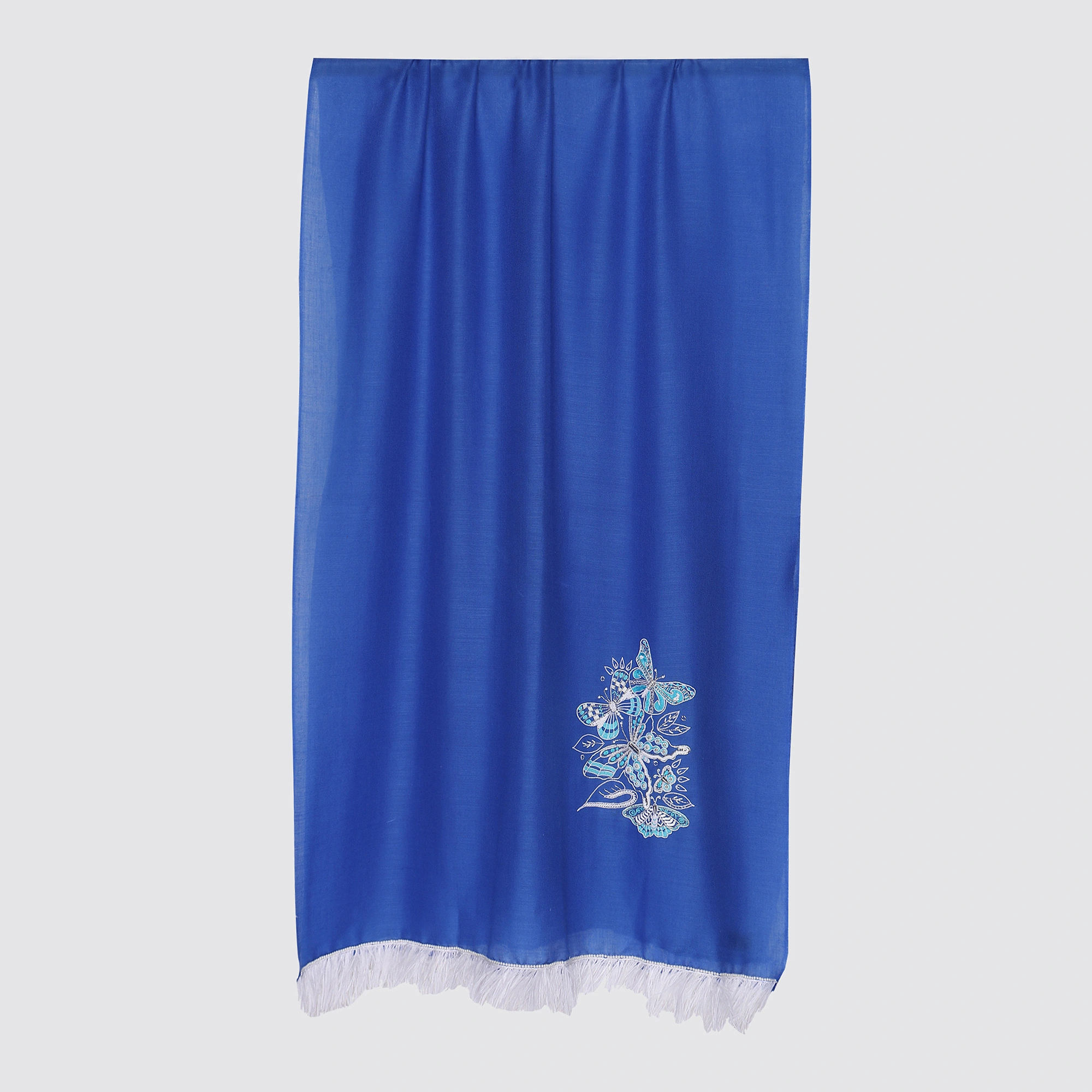 Royal Blue Pure Pashmina Shawl with White Butterflies &amp; Feathers-1