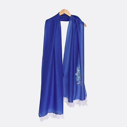 Royal Blue Pure Pashmina Shawl with White Butterflies &amp; Feathers-2