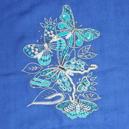 Royal Blue Pure Pashmina Shawl with White Butterflies &amp; Feathers-3