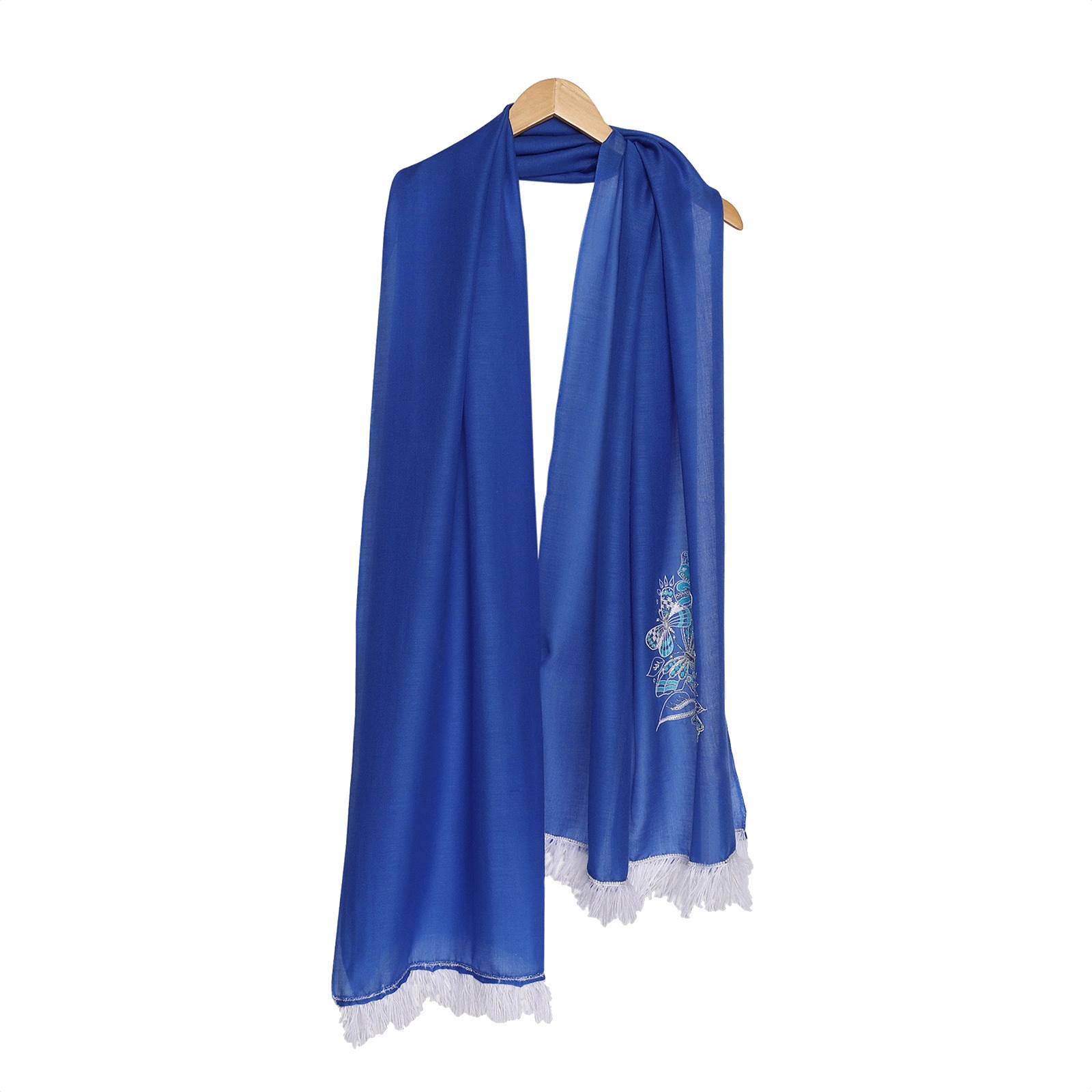 Royal Blue Pure Pashmina Shawl with White Butterflies &amp; Feathers-4