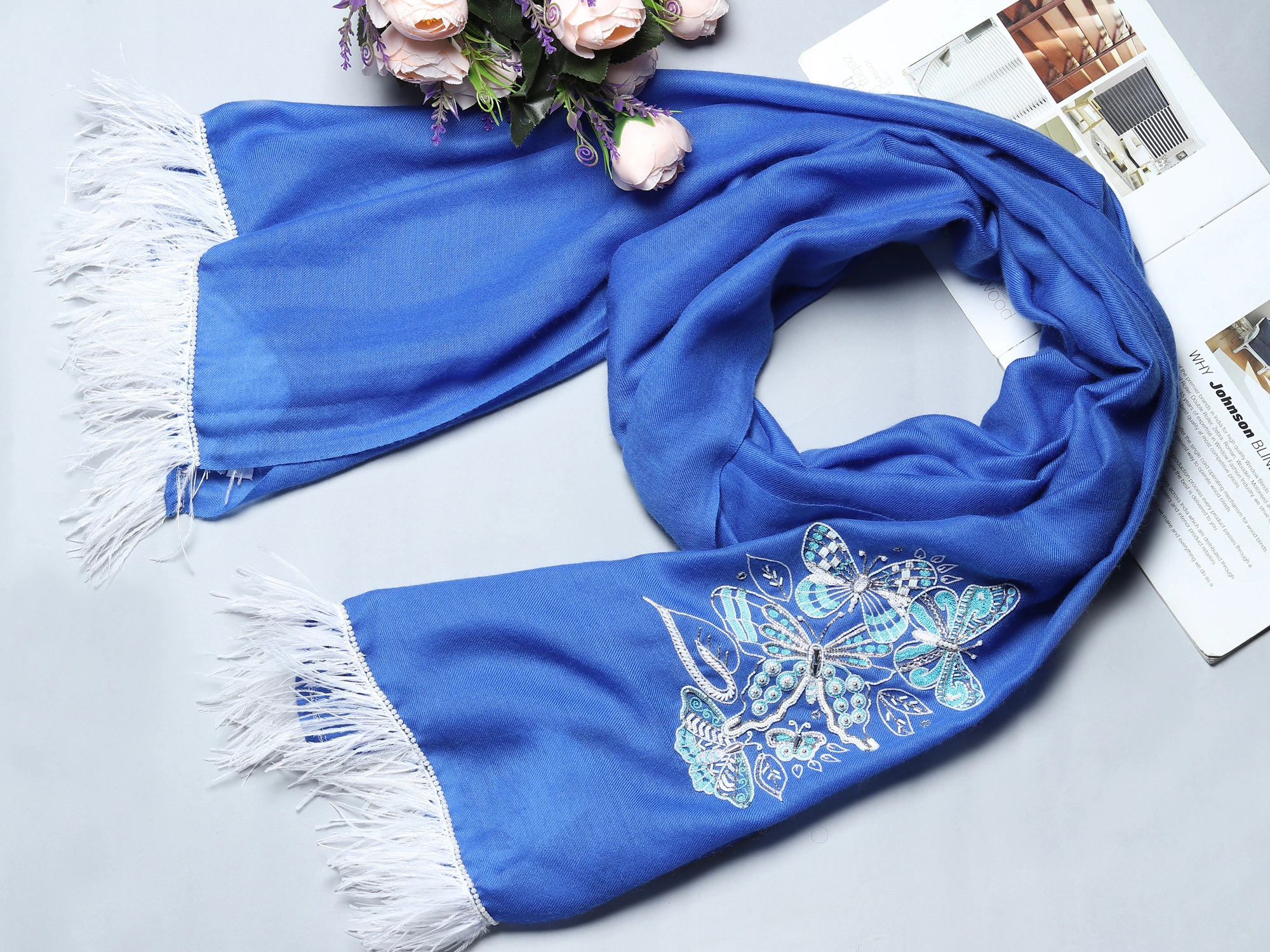 Royal Blue Pure Pashmina Shawl with White Butterflies &amp; Feathers-5