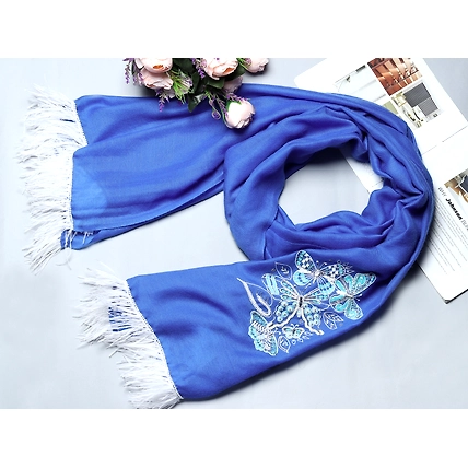 Royal Blue Pure Pashmina Shawl with White Butterflies &amp; Feathers-5