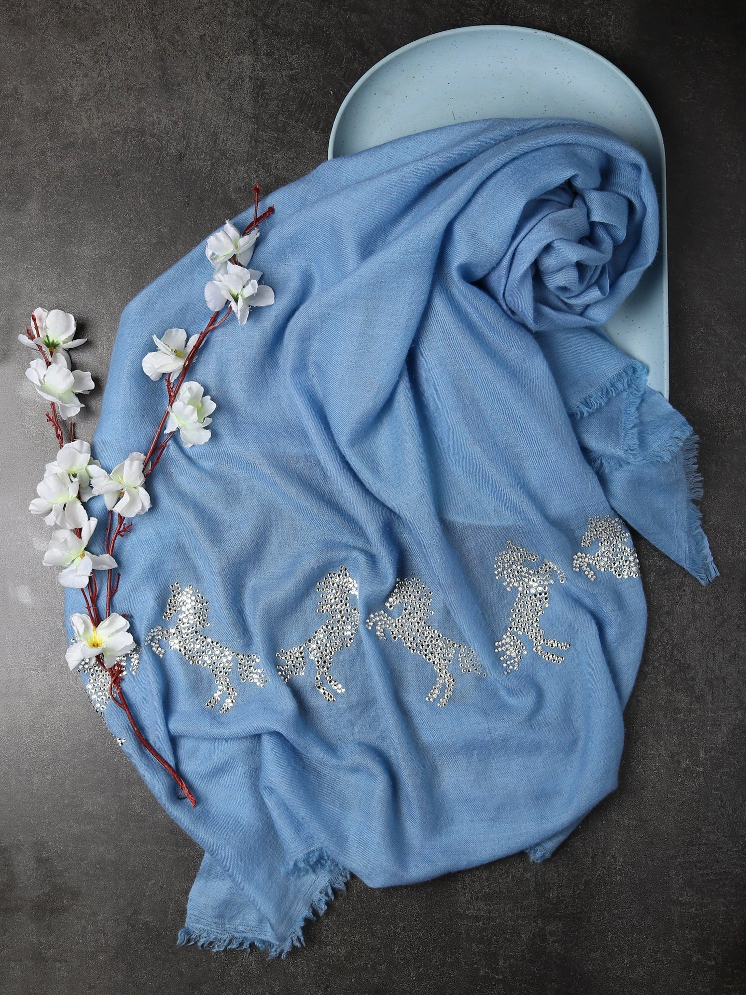 Blue Shawl Swarovski Pashmina Shawl with Swarovski Crystal Horse Border-5