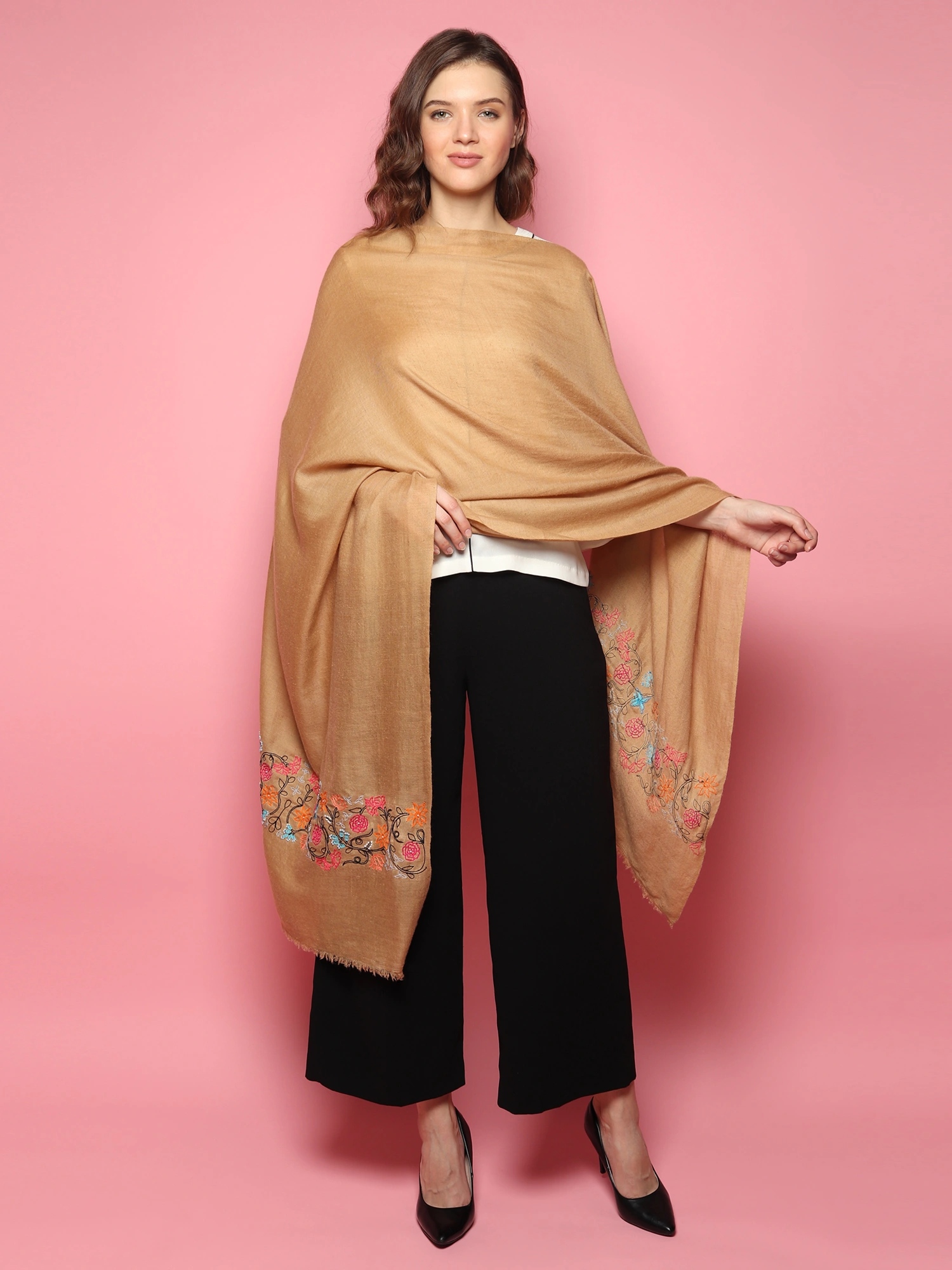 100% Pure Pashmina  Brown Shawl with hand embroidered floral pattern-MOD-PP-BR-FLORAL