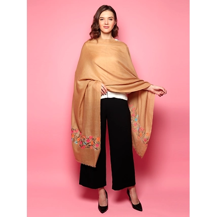 100% Pure Pashmina  Brown Shawl with hand embroidered floral pattern-MOD-PP-BR-FLORAL