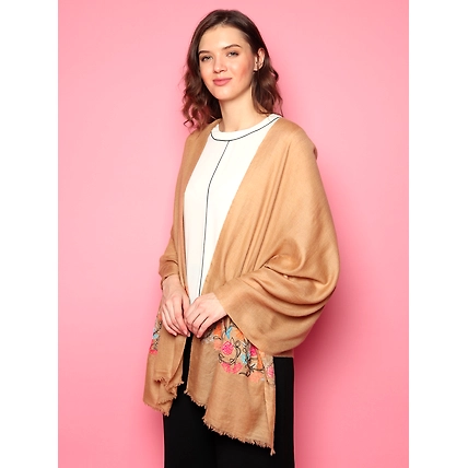 100% Pure Pashmina  Brown Shawl with hand embroidered floral pattern-1