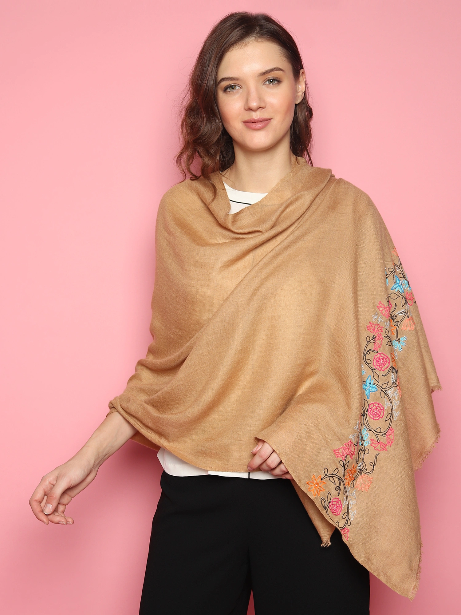 100% Pure Pashmina  Brown Shawl with hand embroidered floral pattern-2