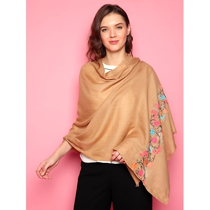 100% Pure Pashmina  Brown Shawl with hand embroidered floral pattern-2