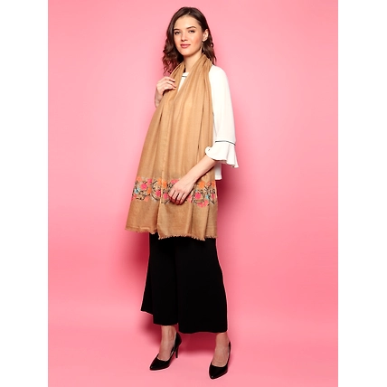 100% Pure Pashmina  Brown Shawl with hand embroidered floral pattern-4