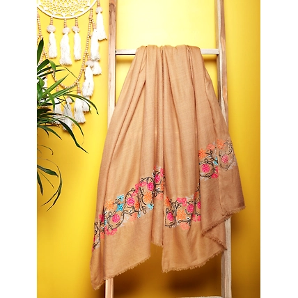 100% Pure Pashmina  Brown Shawl with hand embroidered floral pattern-5