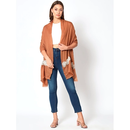 Brown shawl made of pure pashmina and embellished with pearls-MOD-PP-BR-PEARLS