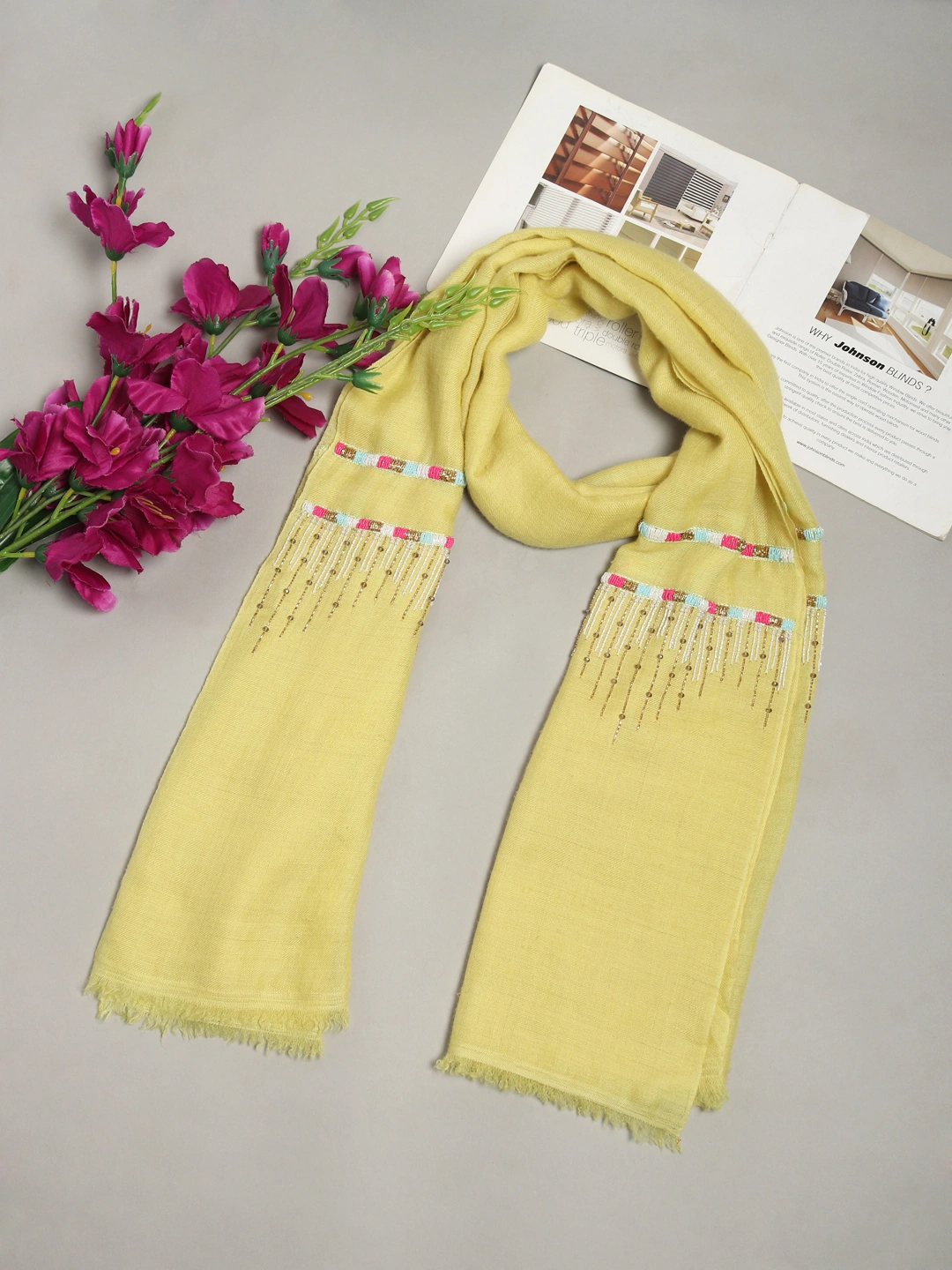 Lemon Yellow Shawl, Pure Pashmina Shawl, hand embroidered with abstract geometric pattern-MOD-PP-LY-GEO