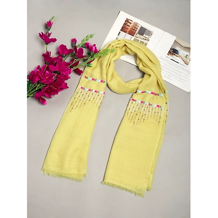 Lemon Yellow Shawl, Pure Pashmina Shawl, hand embroidered with abstract geometric pattern-MOD-PP-LY-GEO