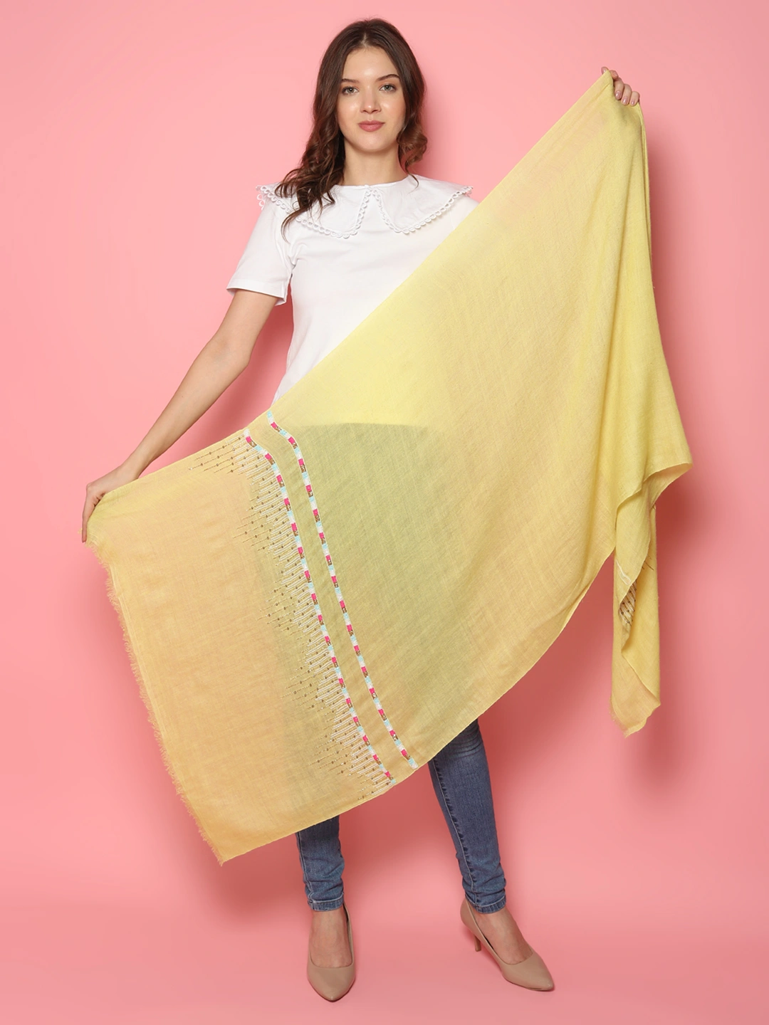 Lemon Yellow Shawl, Pure Pashmina Shawl, hand embroidered with abstract geometric pattern-2