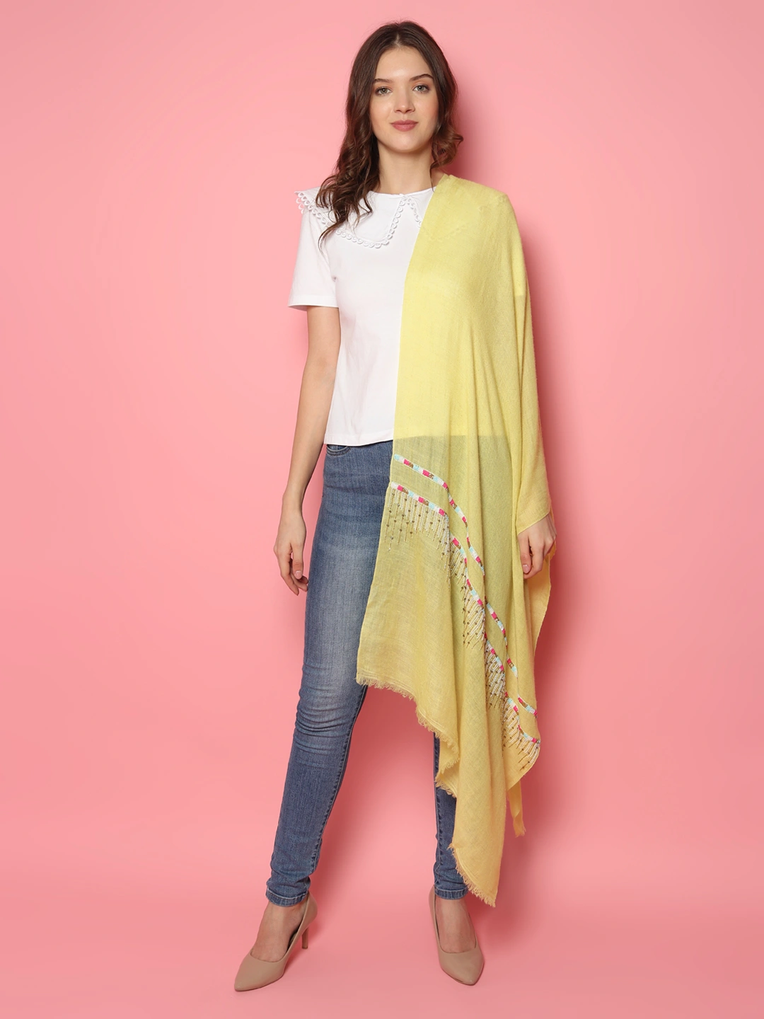 Lemon Yellow Shawl, Pure Pashmina Shawl, hand embroidered with abstract geometric pattern-3