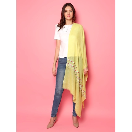 Lemon Yellow Shawl, Pure Pashmina Shawl, hand embroidered with abstract geometric pattern-3