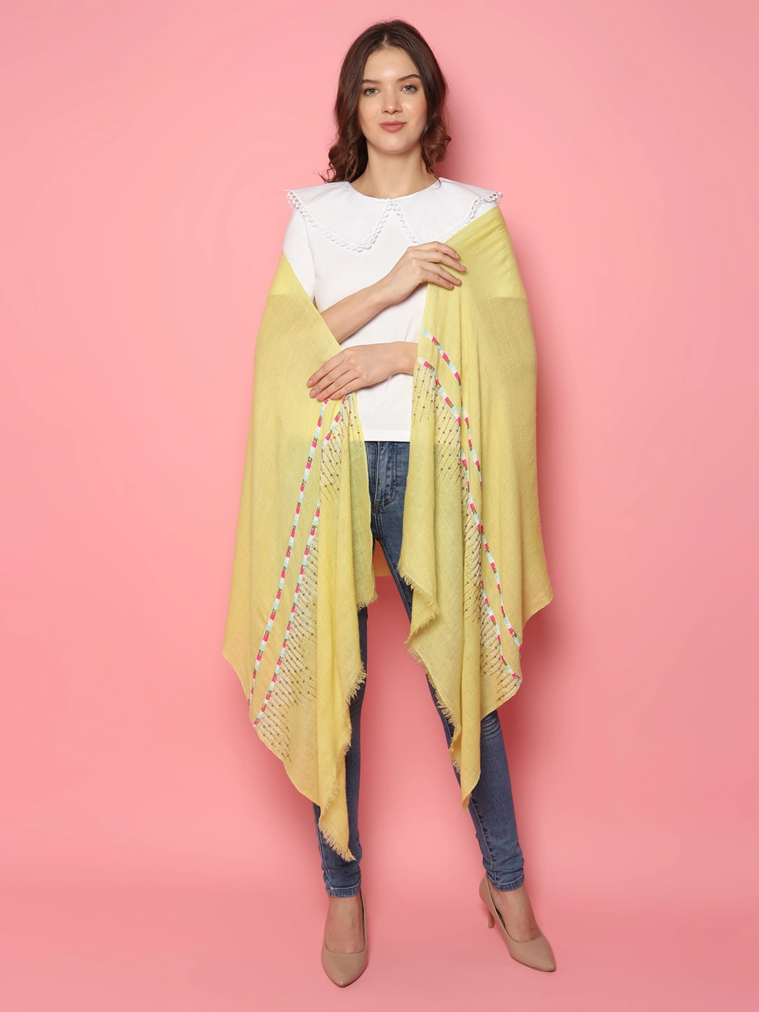 Lemon Yellow Shawl, Pure Pashmina Shawl, hand embroidered with abstract geometric pattern-4