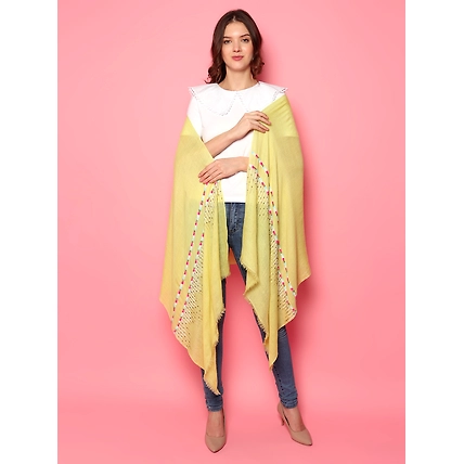 Lemon Yellow Shawl, Pure Pashmina Shawl, hand embroidered with abstract geometric pattern-4