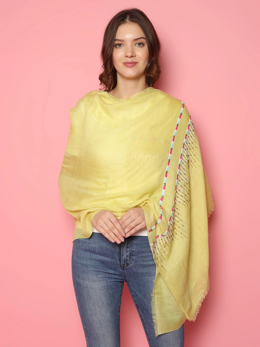 Lemon Yellow Shawl, Pure Pashmina Shawl, hand embroidered with abstract geometric pattern-5