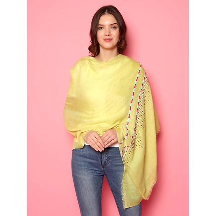 Lemon Yellow Shawl, Pure Pashmina Shawl, hand embroidered with abstract geometric pattern-5