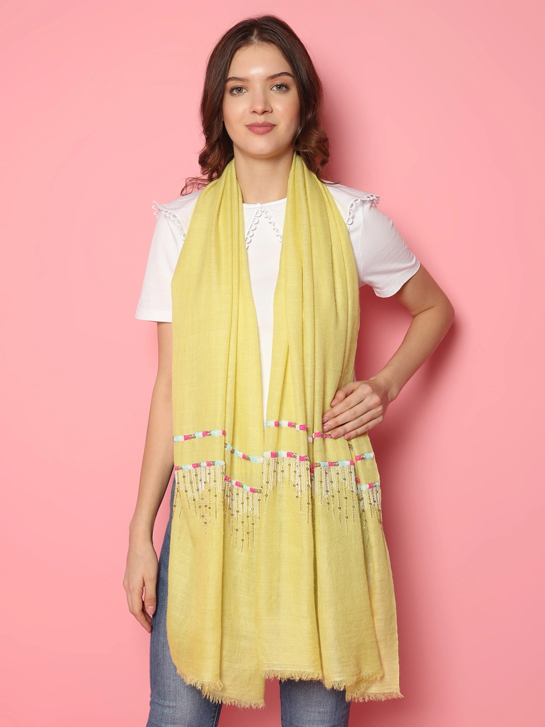 Lemon Yellow Shawl, Pure Pashmina Shawl, hand embroidered with abstract geometric pattern-6